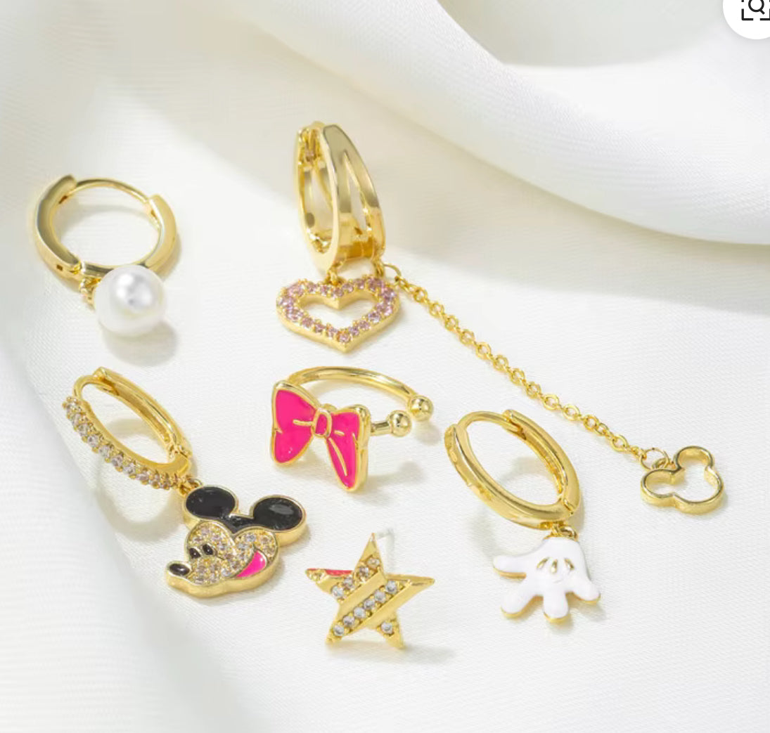 SP Cute Girl Fashion Pink Enamel Mouse Earrings Sets 18K Gold Plated Zircon Heart Long Tassel Earring Set