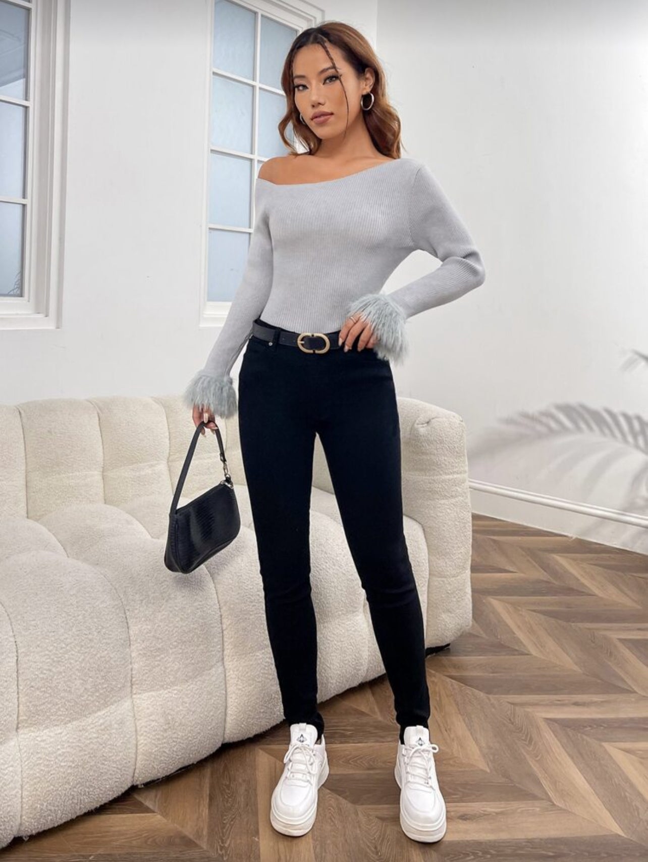 SHEIN Privé Asymmetrical Neck Fuzzy Cuff Ribbed Knit Sweater - M