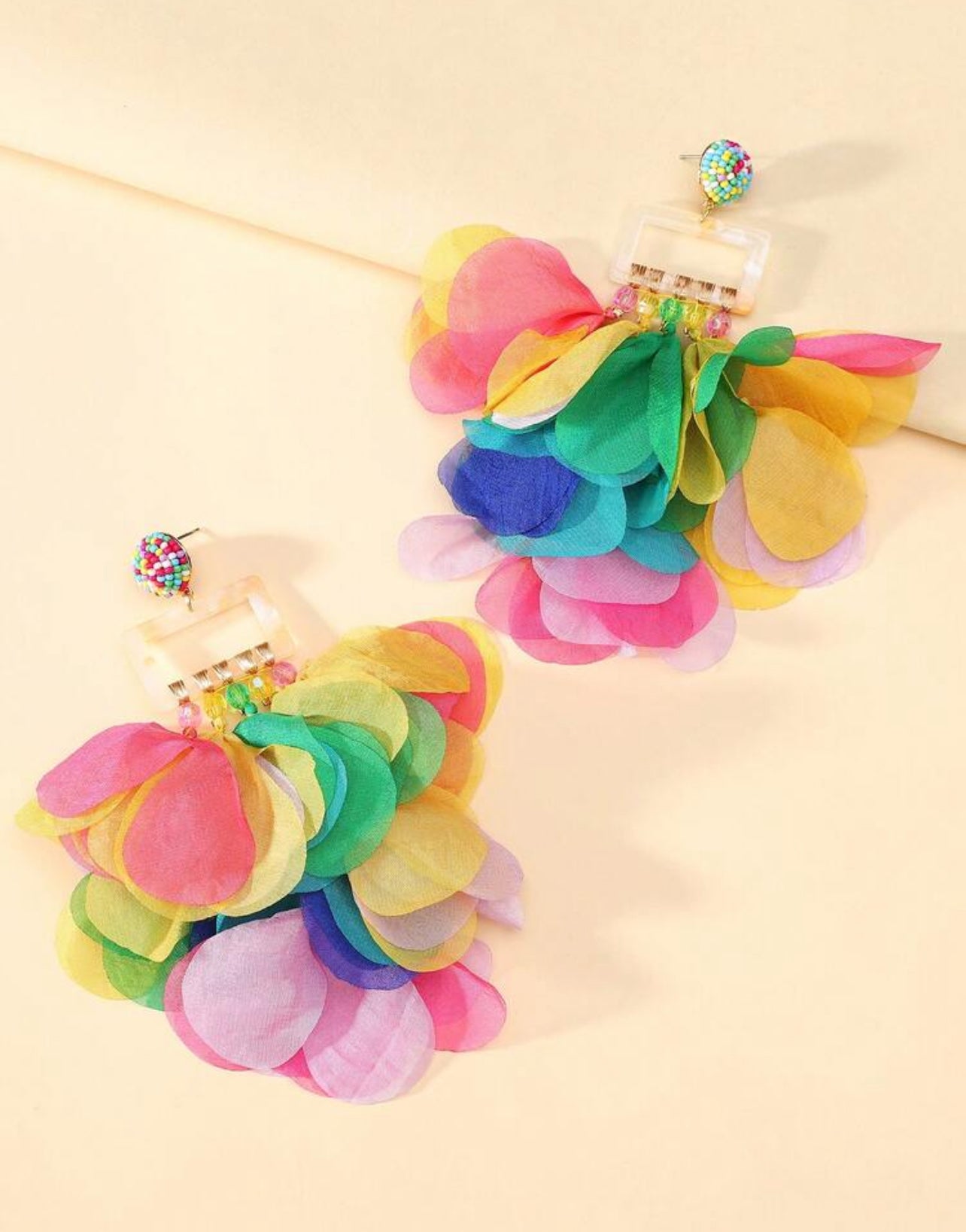 1 Pair Bohemian Style Colorful Chiffon Petal Tassel Earrings, Handmade, Suitable For Women, Fit For Party, Ball, Beach Holiday