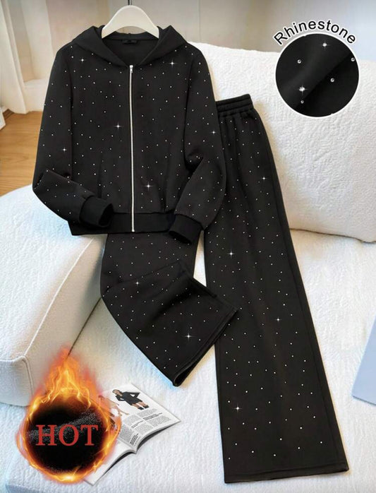 GlowEve Women's Fashion Casual Rhinestone Zipper Hoodie & Pants 2 Pieces Set, Zip-Up Loose Long Sleeve Jacket And Elastic Waist Straight Leg Sweatpants - Large