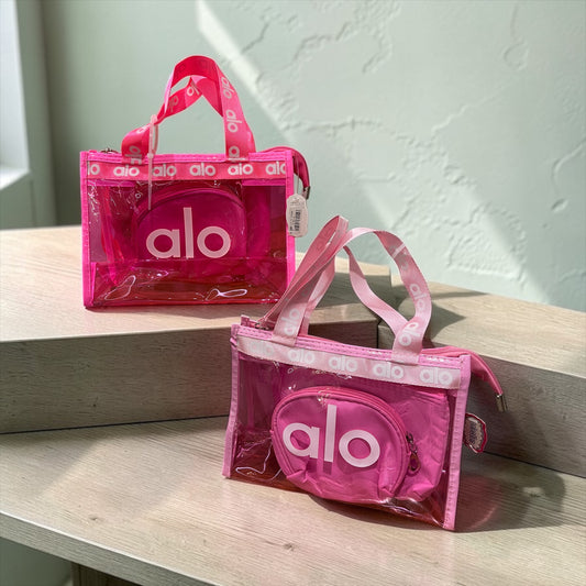 Alo Pink Transparent Tote Bag Set – Clear Handbag with 2 Mini Cosmetic Pouches