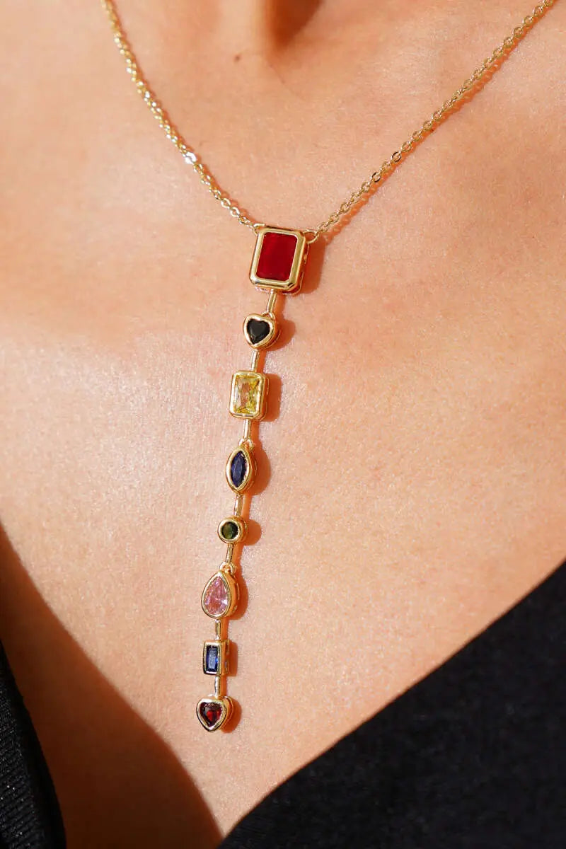 Rainbow Gemstone Drop Necklace – Stainless Steel