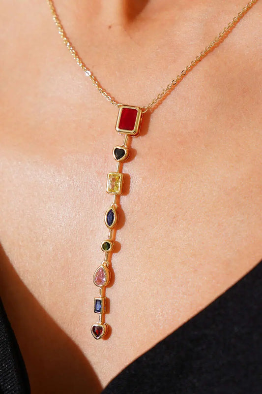 Rainbow Gemstone Drop Necklace – Stainless Steel