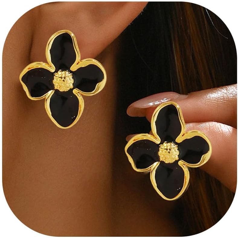 Midnight Bloom Flower Stud Earrings – Black & Gold
