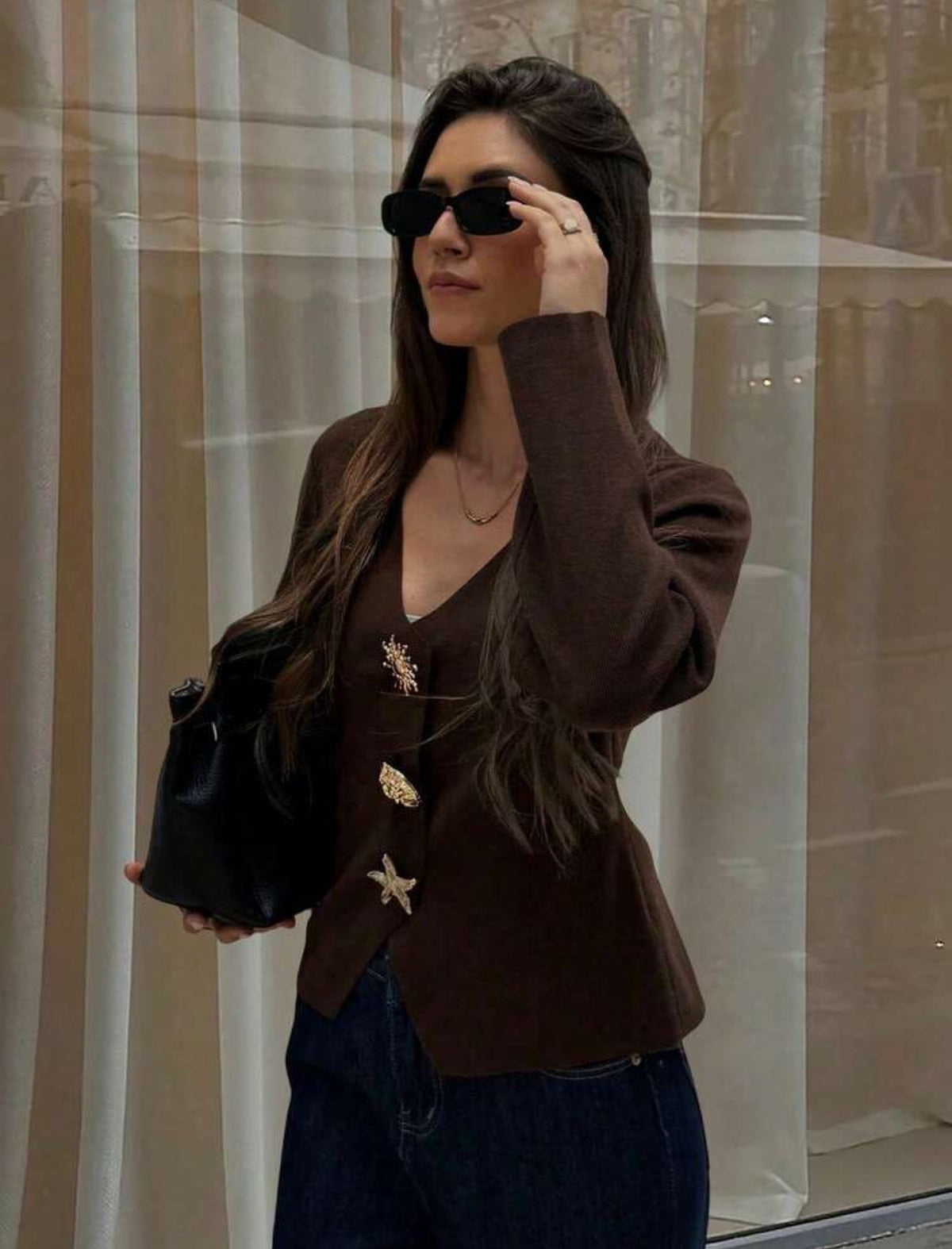 FOR BEAUTY Autumn/Winter Y2K Women's Brown New V-Neck Asymmetric Button Knit Cardigan Long Sleeve Casual Fashion Loose Fit Commuter Top - Medium