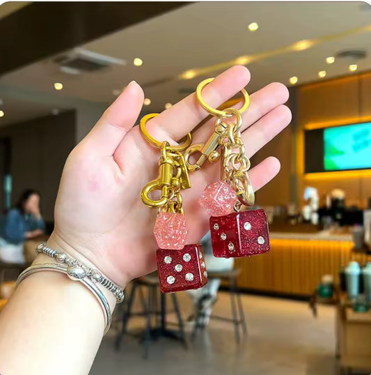 Fashionable Double-Sided Dice Pendants Diamond Embedded Bag Charms Trendy Personality Accessories Creative Gift Keychain