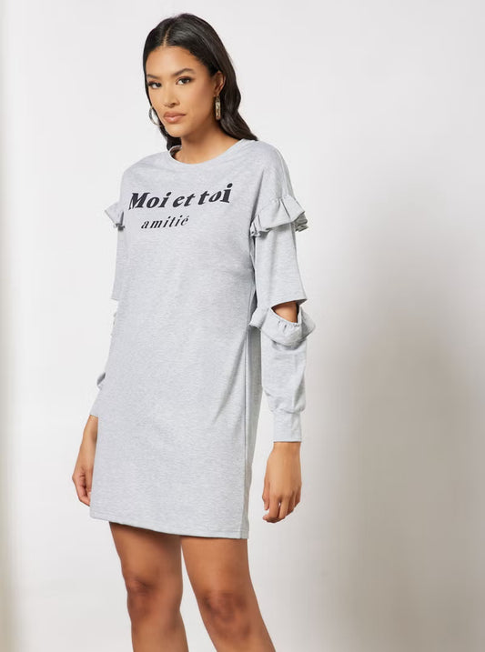Casual Round Neck Ruffle Detail Sleeve Sweatshirt Loose Mini Dress Grey - Med