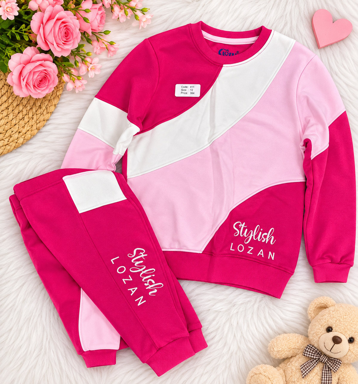 Girls’ Fuchsia Pink & Light Pink Color Block Tracksuit Set - 12 Years