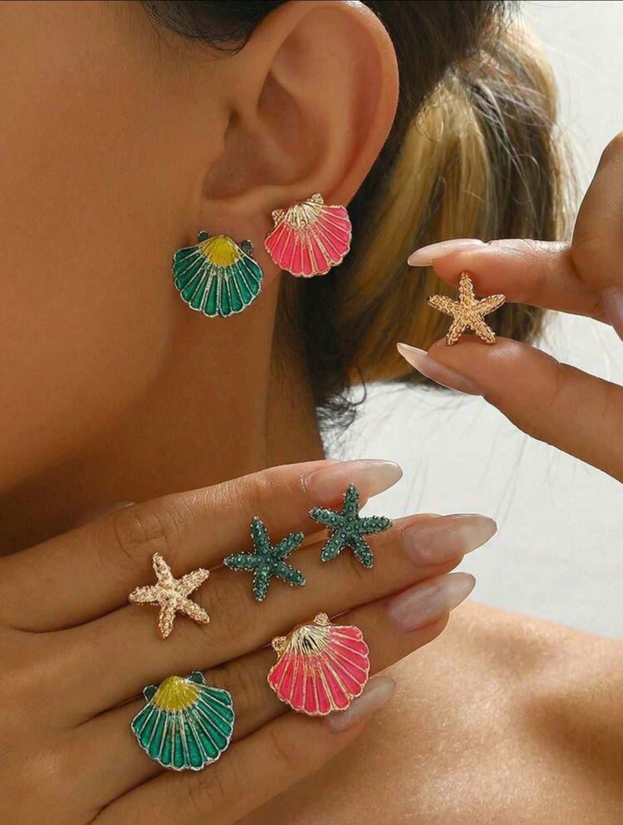 4 Pairs New Summer Vacation Ocean Style Minimalist Elegant Women Fashion Earrings, Ocean Creature Shapes Like Starfish & Seashell, Colorful Earring Set For Daily, Party, Beach Holiday