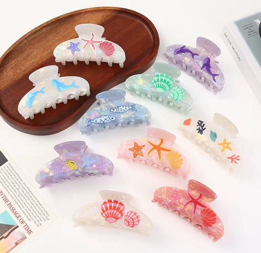 Ocean Series Acetate Hair Claw Clip Beach Vacation Starfish Seashell Print Shark Clip for Women Sweet Hair Accessories
