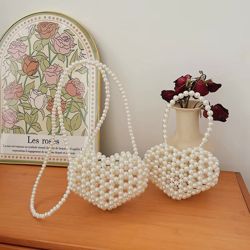 Handmade Heart-Shaped Pearl Beaded Crossbody Bag Elegant Mini Party Purse