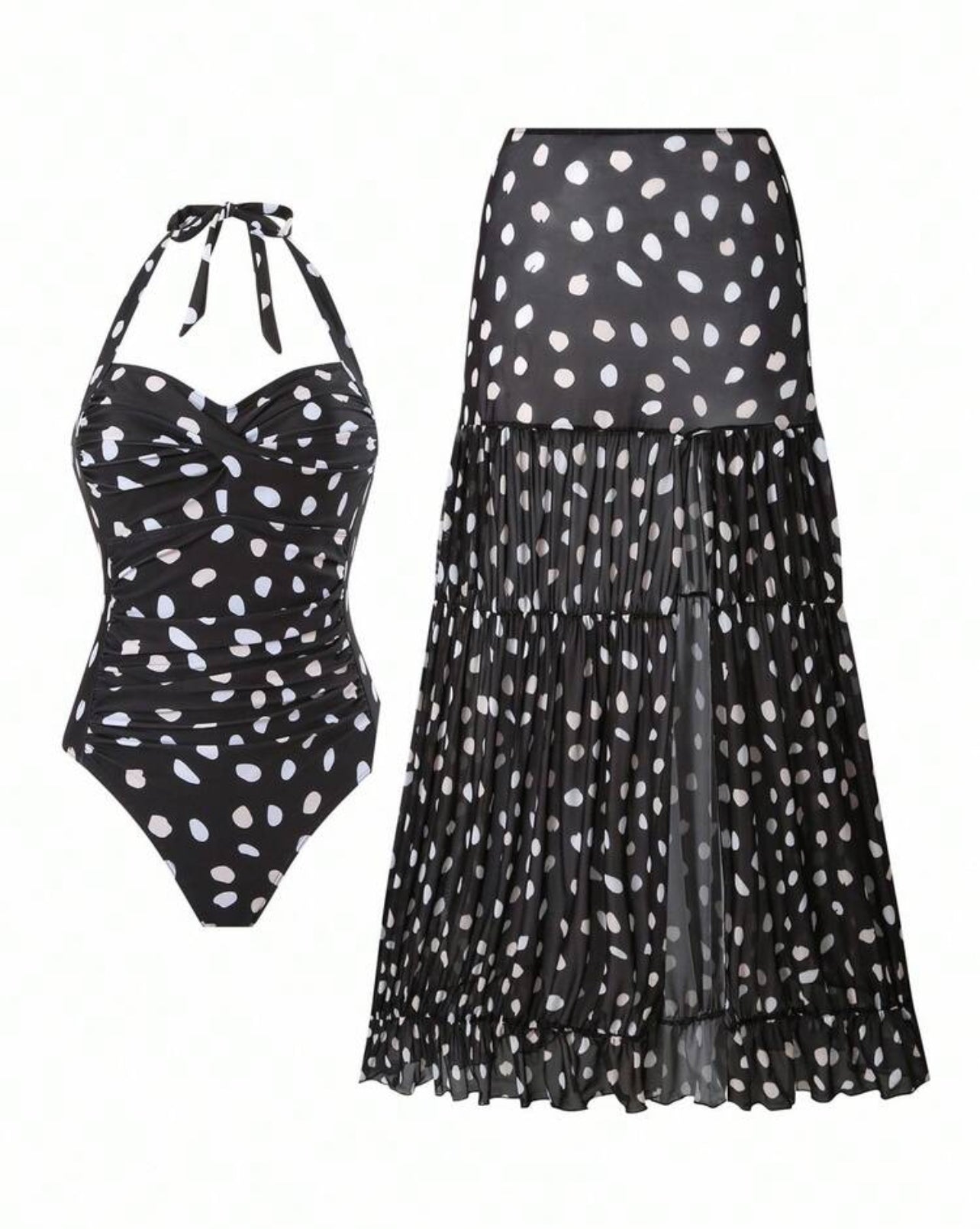 Bonvoyette Asymmetrical Polka Dot Halter One Piece Swimsuit & Maxi Skirt Set For Women - XL