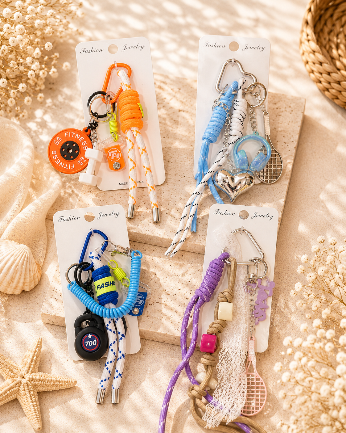 Trendy Multi-Charm Rope Keychain – Fashion Jewelry