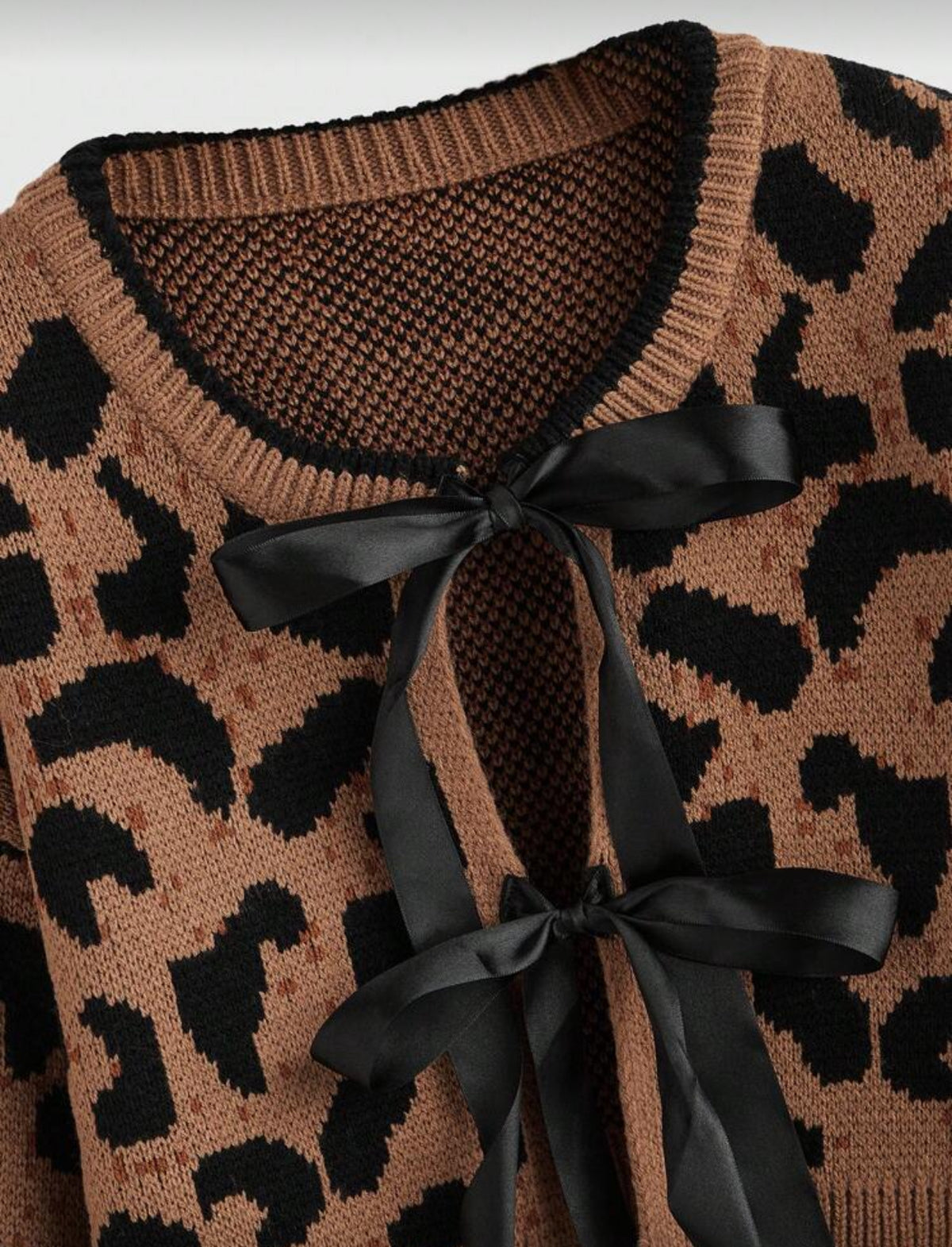 ROMWE Kawaii Autumn Fashion Y2K Leopard Print Bow Tie Cardigan,Long Sleeve Tops - Medium
