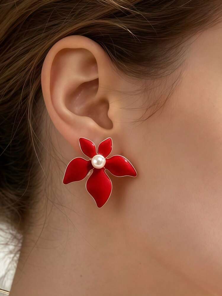 Red Flower Pearl Stud Earrings – Christmas Holiday Jewelry