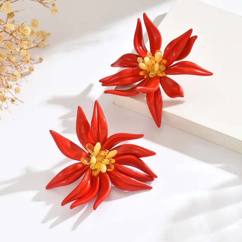 Exaggerated Trending RedFloral Beaded Earrings Women's Fashion Statement Studs New Style Jewelry Accessories Luxury Sensation