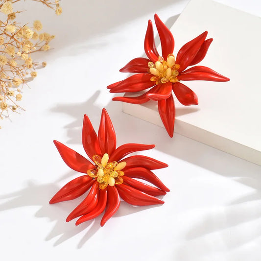 Exaggerated Trending RedFloral Beaded Earrings Women's Fashion Statement Studs New Style Jewelry Accessories Luxury Sensation