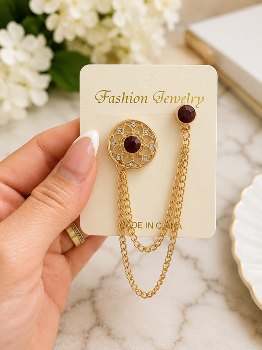 Elegant Gold Chain Brooch Pin with Burgundy Crystal Accent