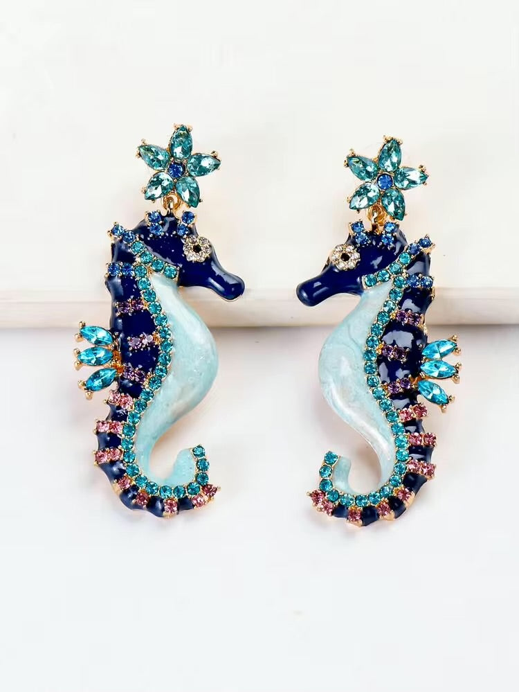 juran Rhinestone Decor Seahorse Drop Earrings