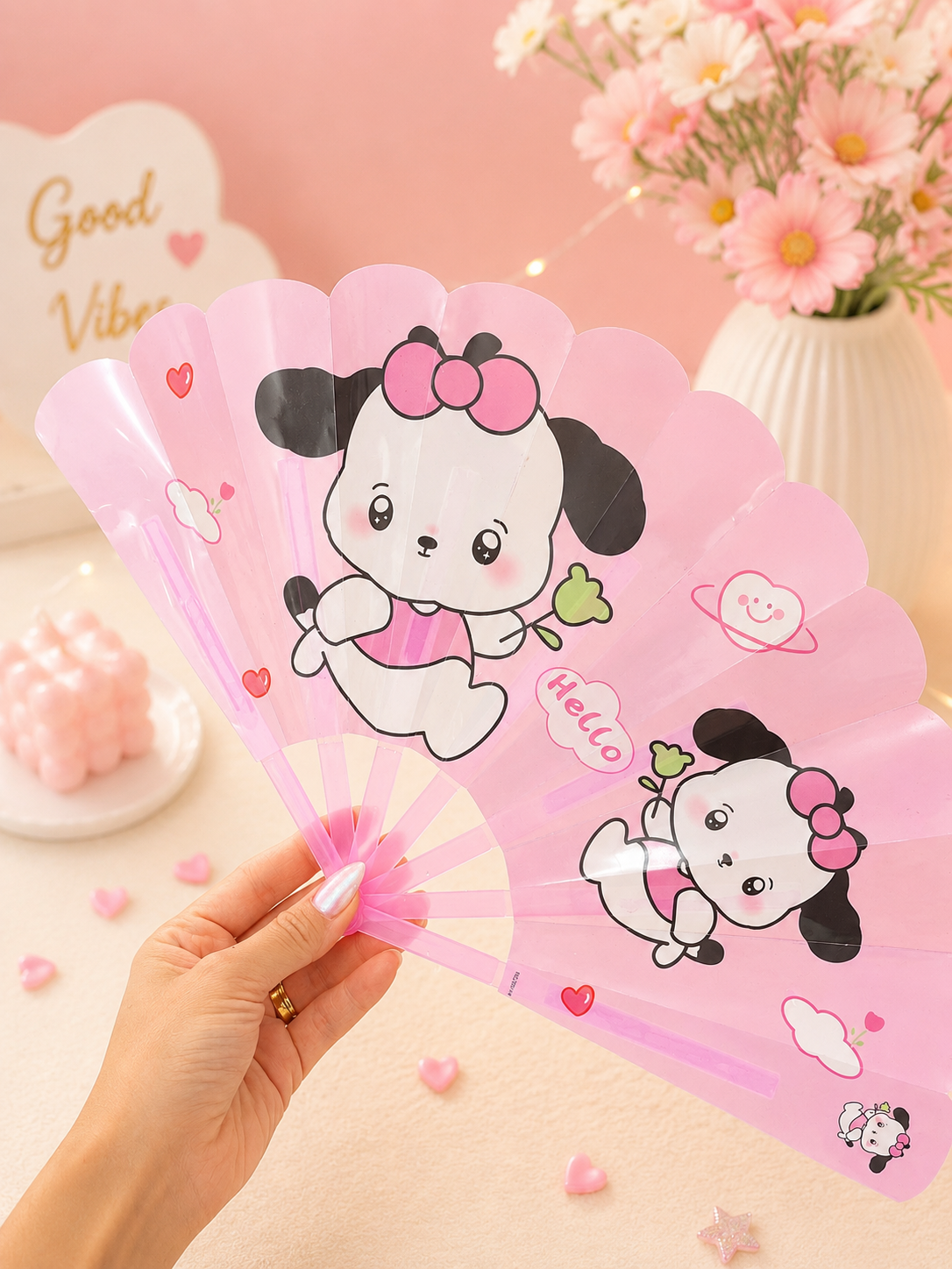 Cute Cartoon Folding Hand Fan – Portable Summer Fan with Puppy & Bear Design