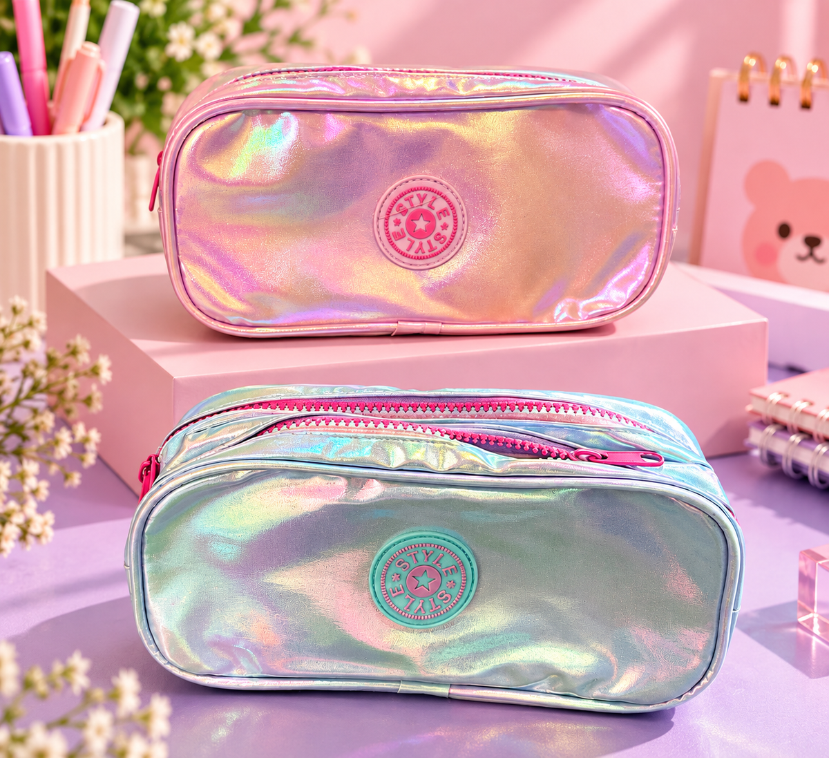 Holographic Double-Zip Pencil Case – Iridescent Pink & Blue
