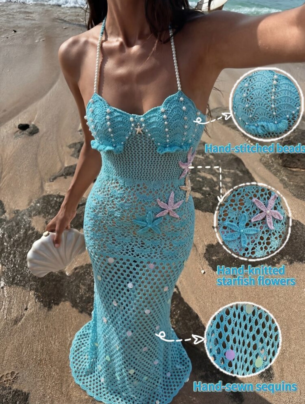 Swim SXY Light Blue Hollow Knit Halter Neck Tie Sexy Backless Cup Top Handmade Crochet Hem Wide Body Handmade Pearl Flower Embellishment Sexy Mermaid Series Women's Cover-Up Dress