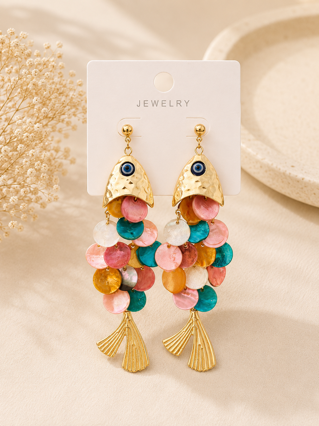 Evil Eye Gold Fish Drop Earrings – Statement Shell Disc Earrings     Hurry! Limited Pieces Available