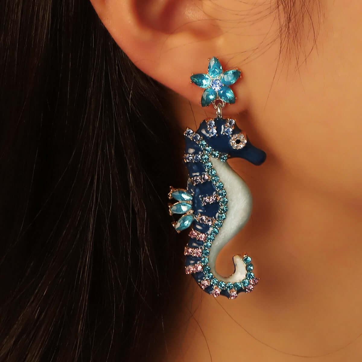 juran Rhinestone Decor Seahorse Drop Earrings