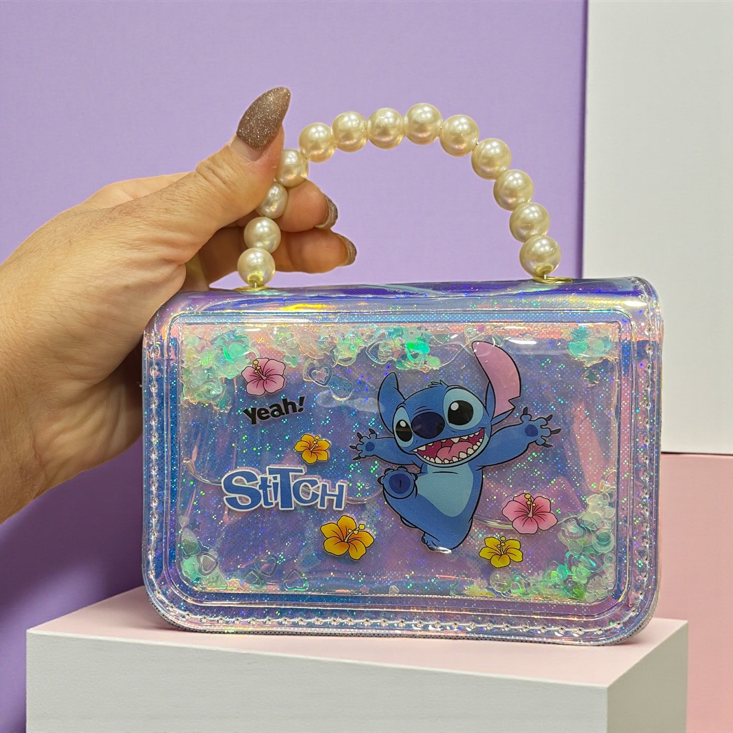 Holographic Glitter Kids Handbag with Pearl Handle – Cute Stitch & Angel Cartoon Design