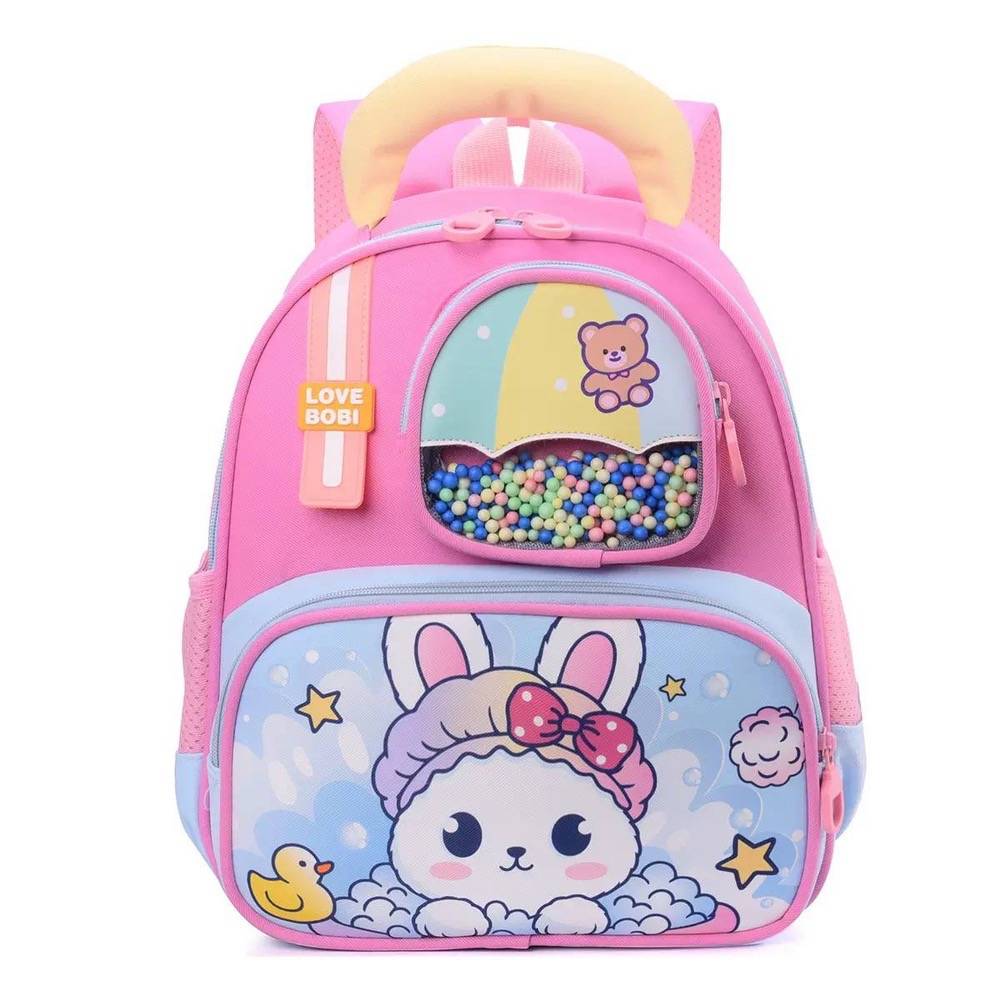 Cute Kids’ Backpack with Beaded Front Pocket – Pink Bunny School Bag