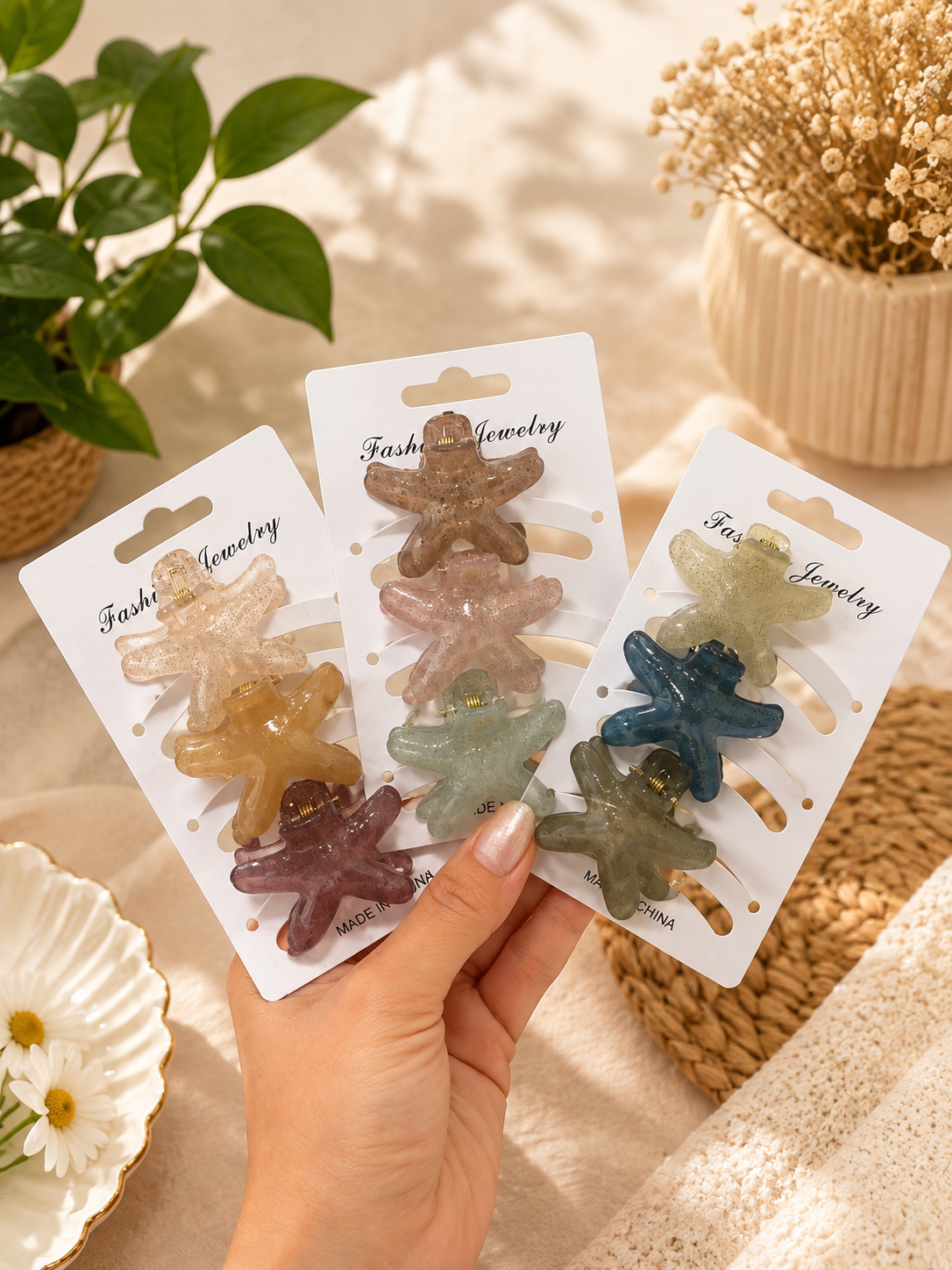 Glittery Starfish Hair Clips – Set of 3