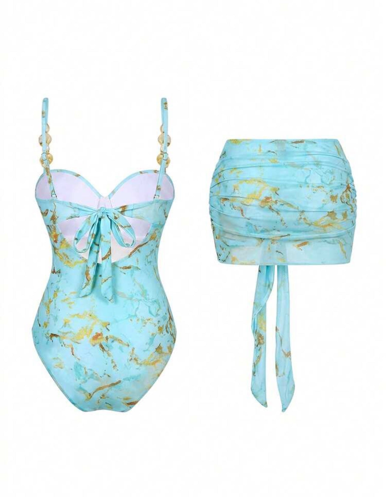 Bonvoyette Swim Oasis Women's 3-Piece Swimsuit Set,Underwire One-Piece Swimsuit With Mesh Skirt,Light Blue,Summer,Casual,Beach Party,Holiday,Vacation,Holiday