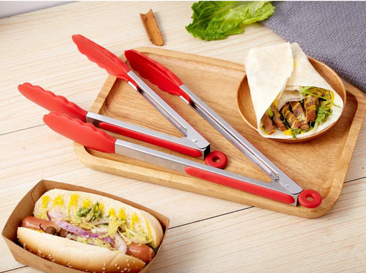 Kitchen Tongs Set of 2 Stainless Steel Food Tongs with Silicone Tips – Premium Locking Non-stick Tongs for Cooking, BBQ, Grilling, Salad - Heavy Duty, BPA Free(Red)