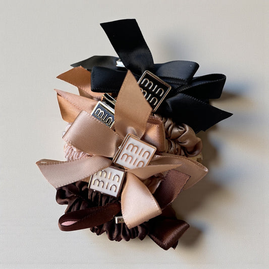 Luxury Satin Bow Scrunchies Set – Soft Elegant Hair Ties in Neutral Tones
