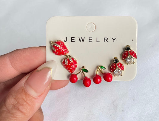 Sweet Berry & Cherry Stud Earrings Set – Gold Plated High Quality