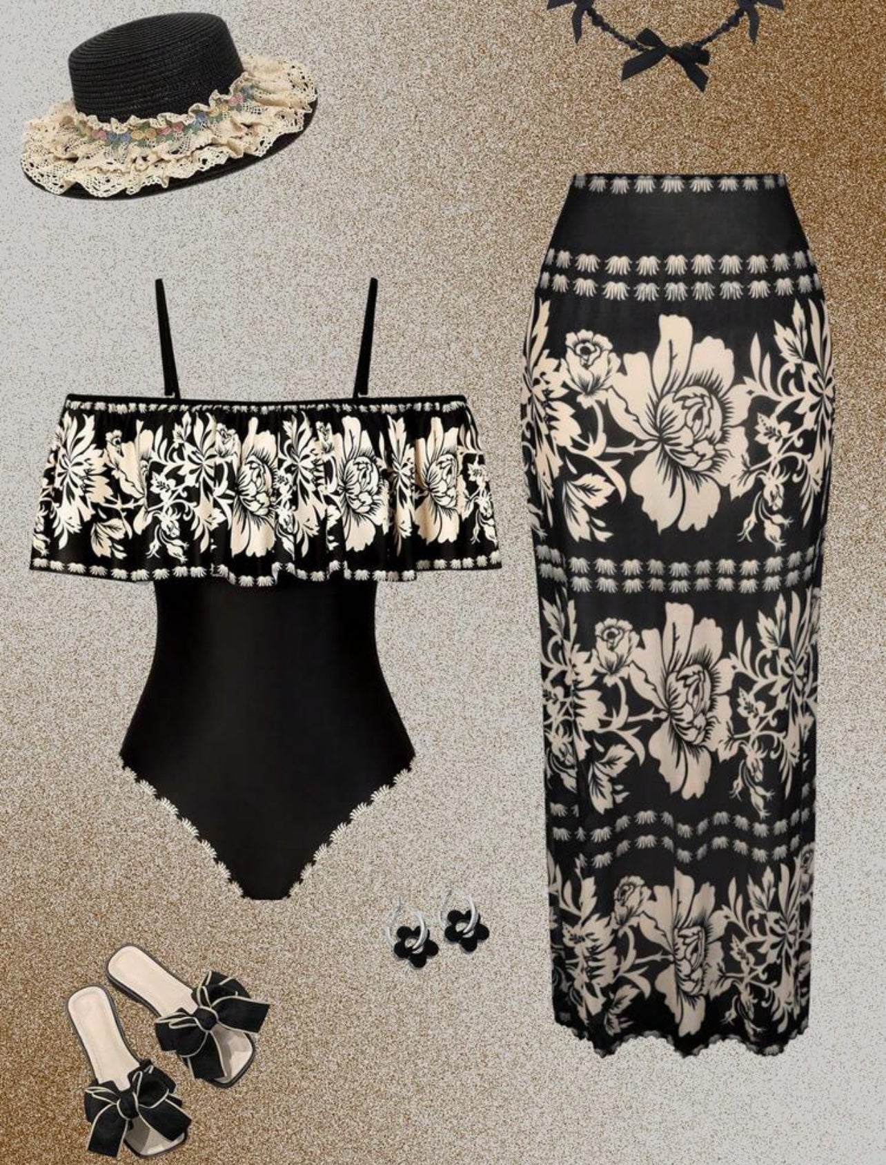 Swim Oasis 2pcs/Set Summer Fashion 3D Print Design High-End Bestselling Ruffled One-Piece Swimsuit With Beach Cover-Up Dress - Med