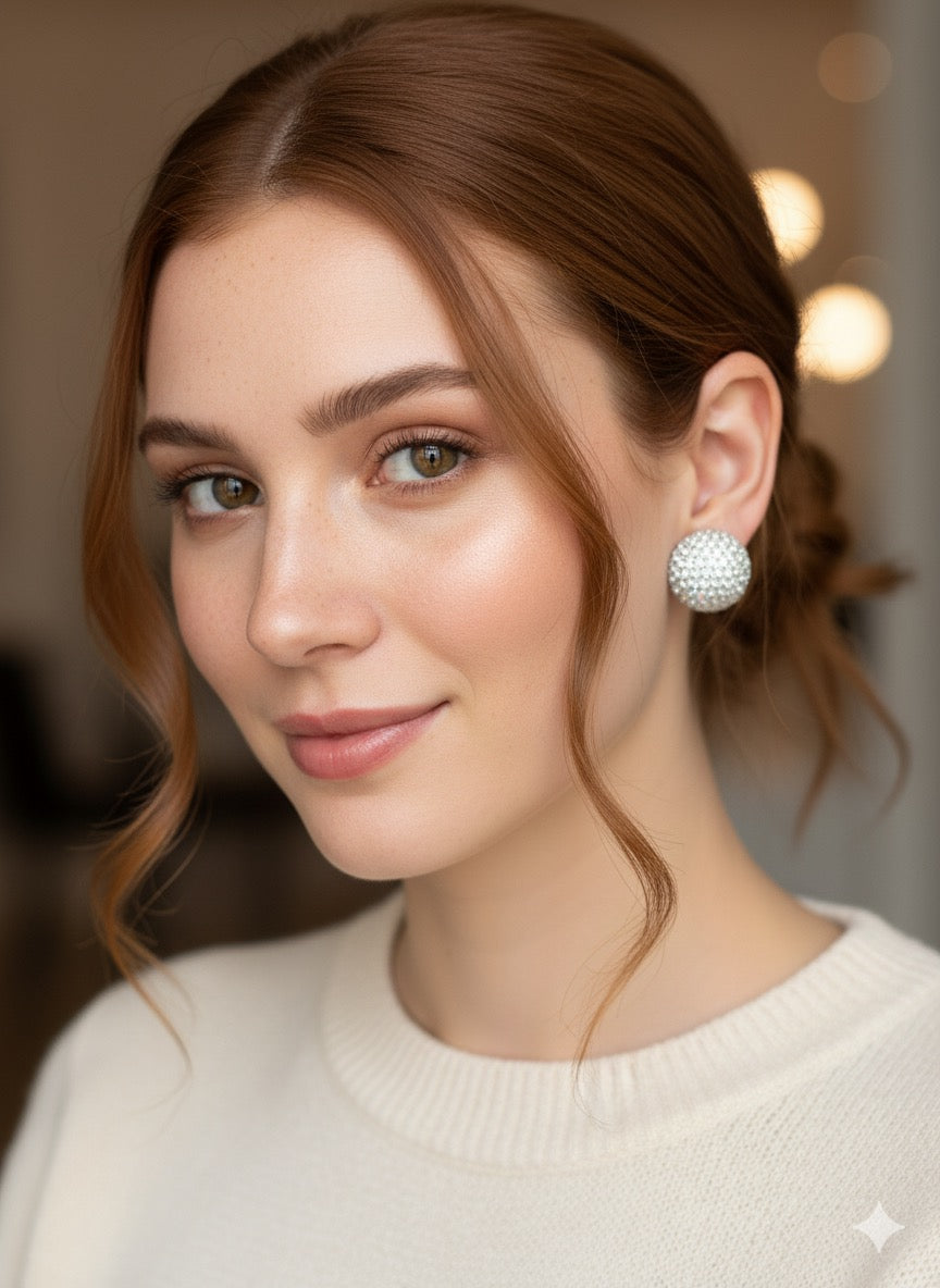 Double-Face Ball Stud Earrings – Mirror Silver & Crystal Rhinestone