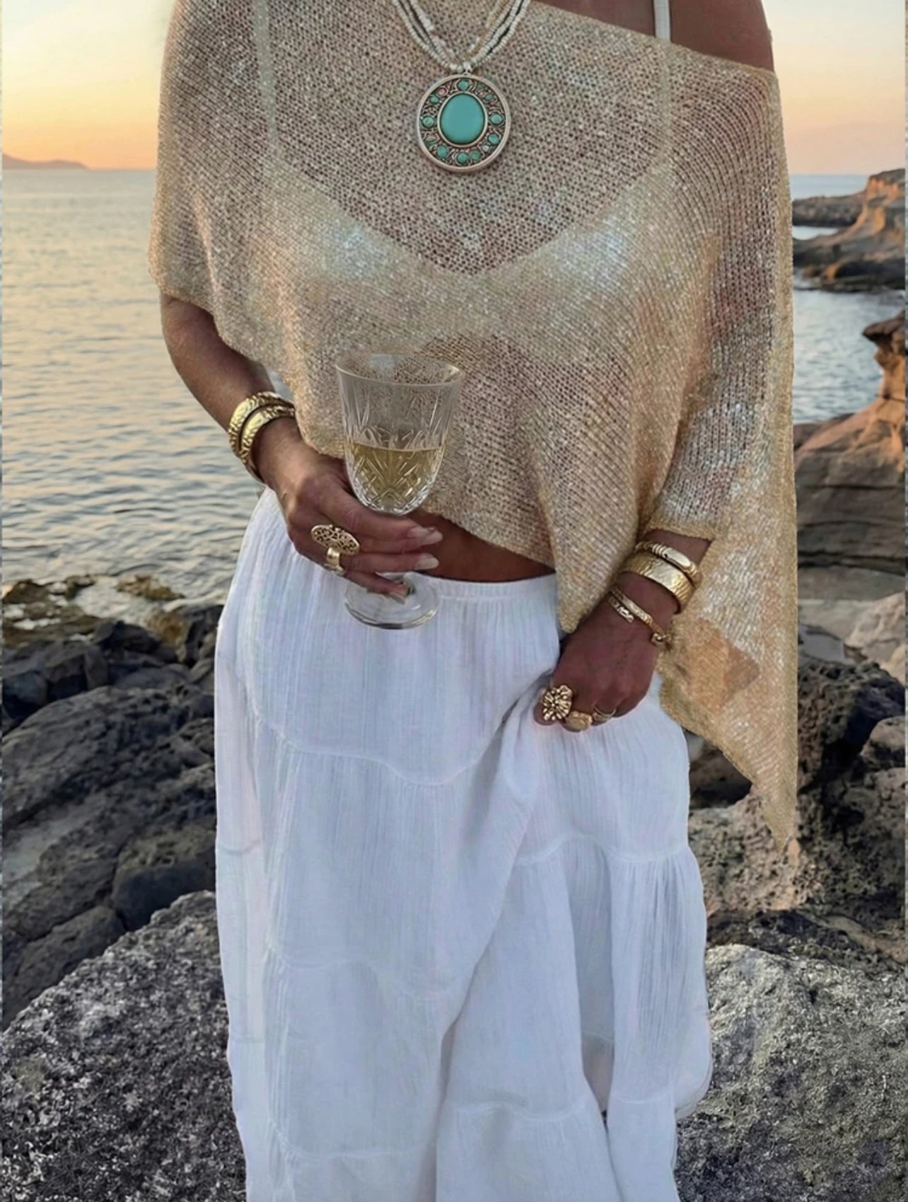 FOR BEAUTY Women's Summer New Knit Top, Casual Style, Solid Gold Loose Shawl Cover Up, Bohemian Style, Suitable For Beach And Vacation - M,L