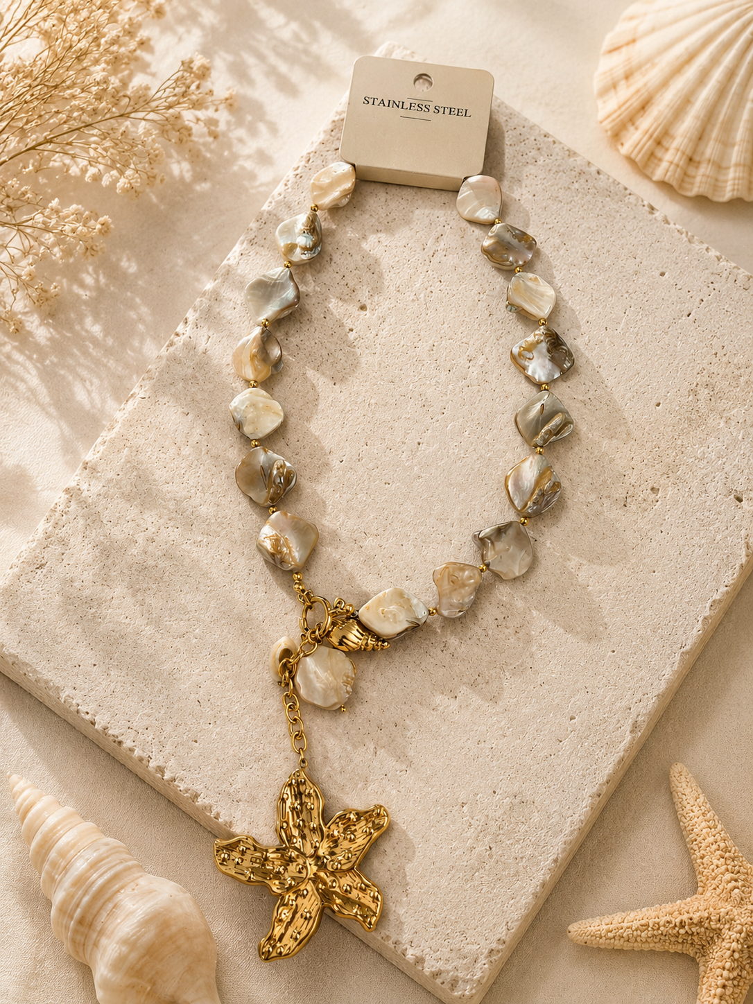 Coastal Pearl & Starfish Statement Necklace – Gold Stainless Steel