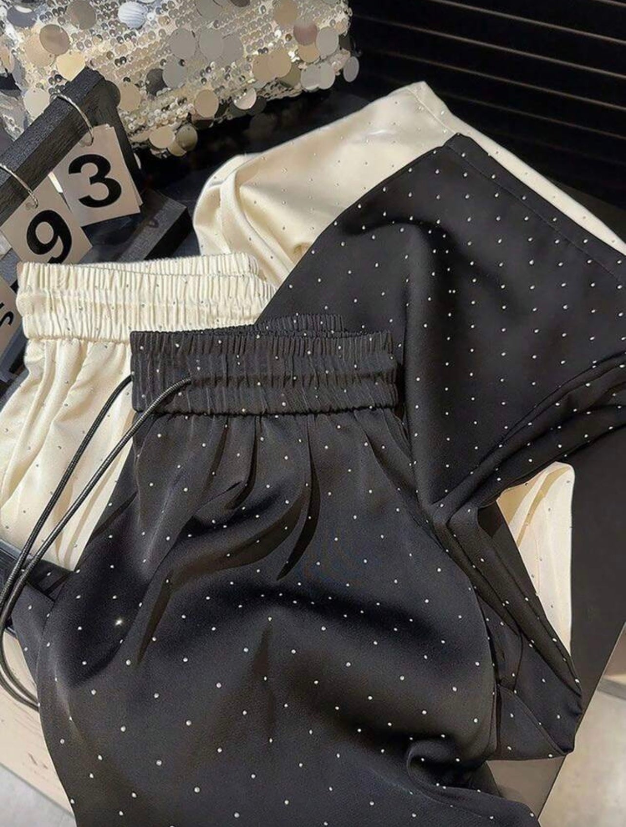 Franclia 1pc Ladies High Waist Rhinestone Satin Elastic Waist Drawstring Loose Straight Leg Pants Fall Cloth For Women - Medium