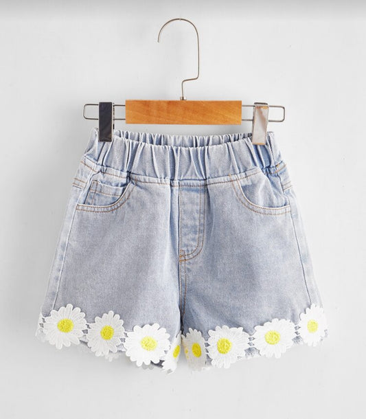 [100% Cotton] Toddler Girls Appliques Elastic Waist Denim Shorts - 3Y