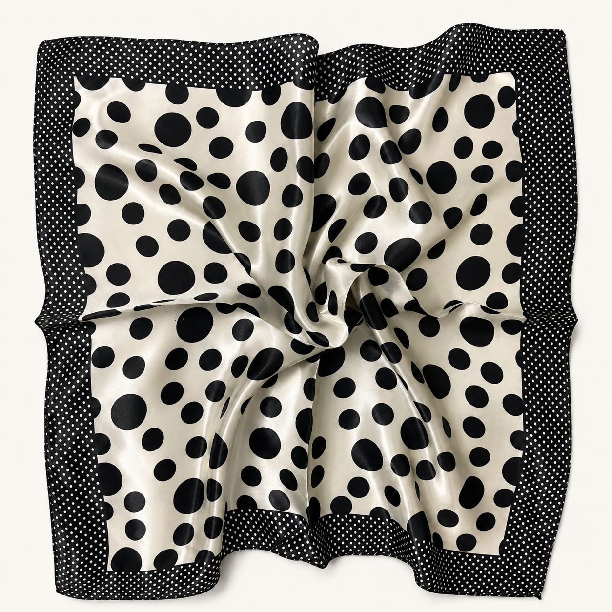 Black & White Polka Dot Satin Square Scarf – 50 × 50 cm | Elegant Neck & Hair Scarf
