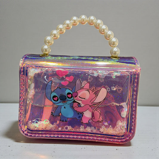 Holographic Glitter Kids Handbag with Pearl Handle – Cute Stitch & Angel Cartoon Design