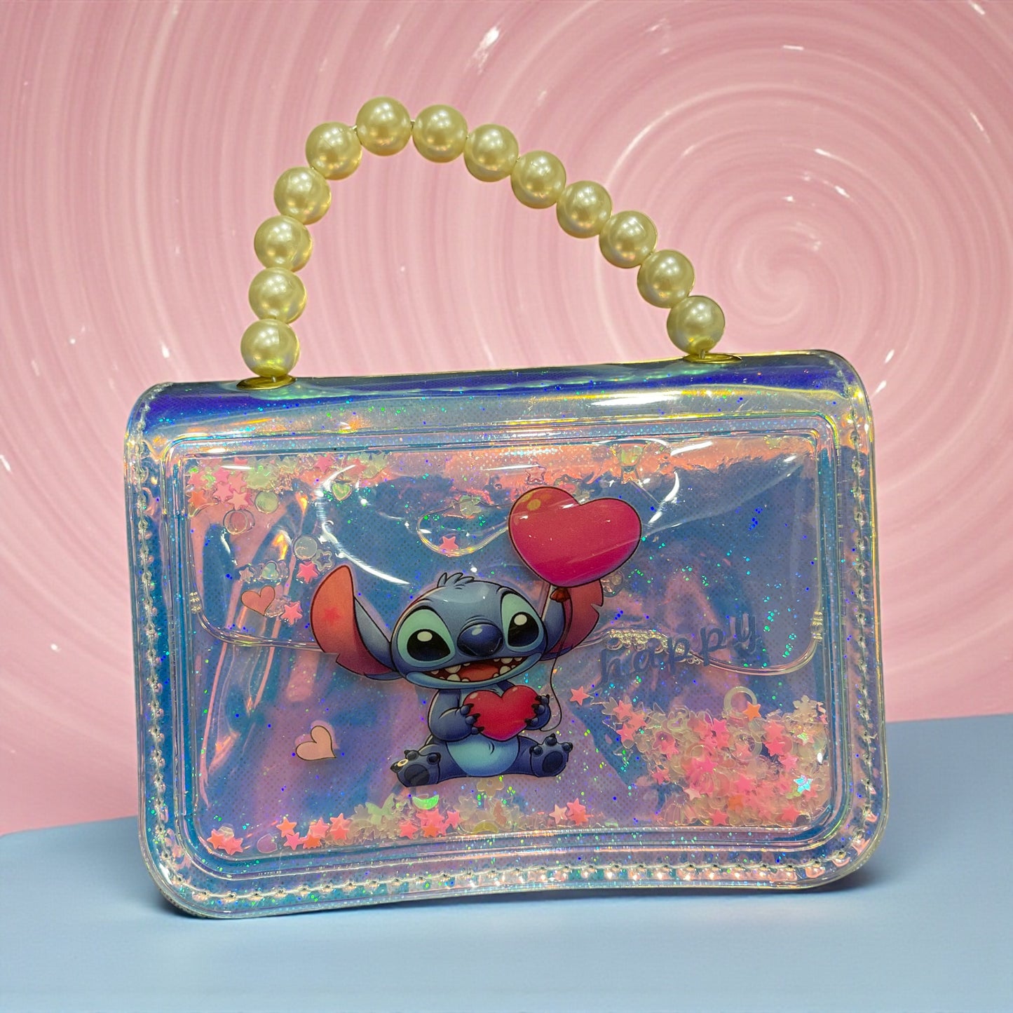 Holographic Glitter Kids Handbag with Pearl Handle – Cute Stitch & Angel Cartoon Design