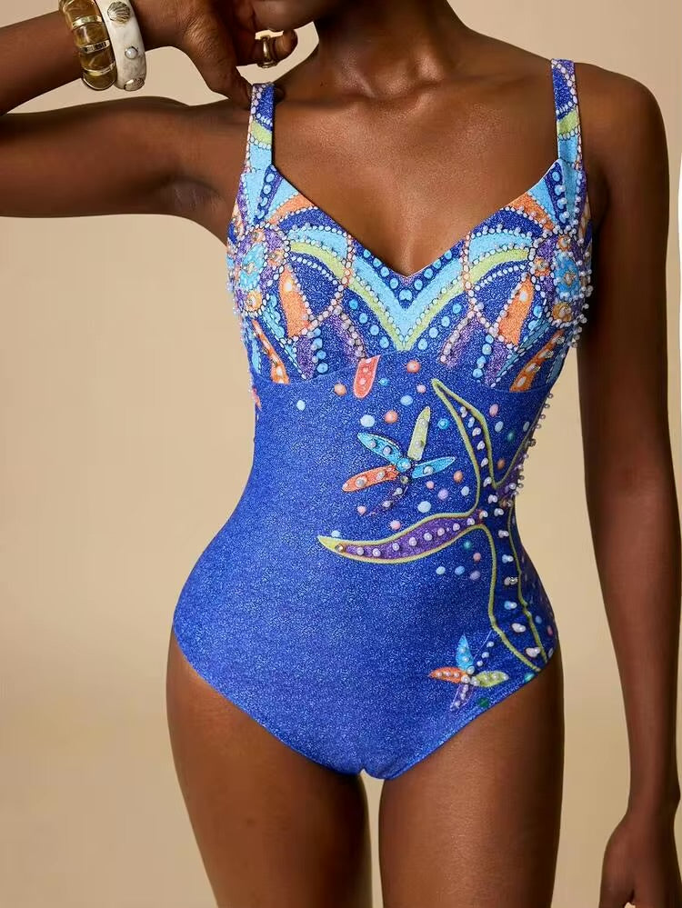 Bonvoyette 1pc Women's All-Over Print Baby Blue One-Piece Swimsuit,Summer Boho Beaded Starfish Sparkly Bathing Suit,Full Coverage Beach Vacation Holiday Holiday