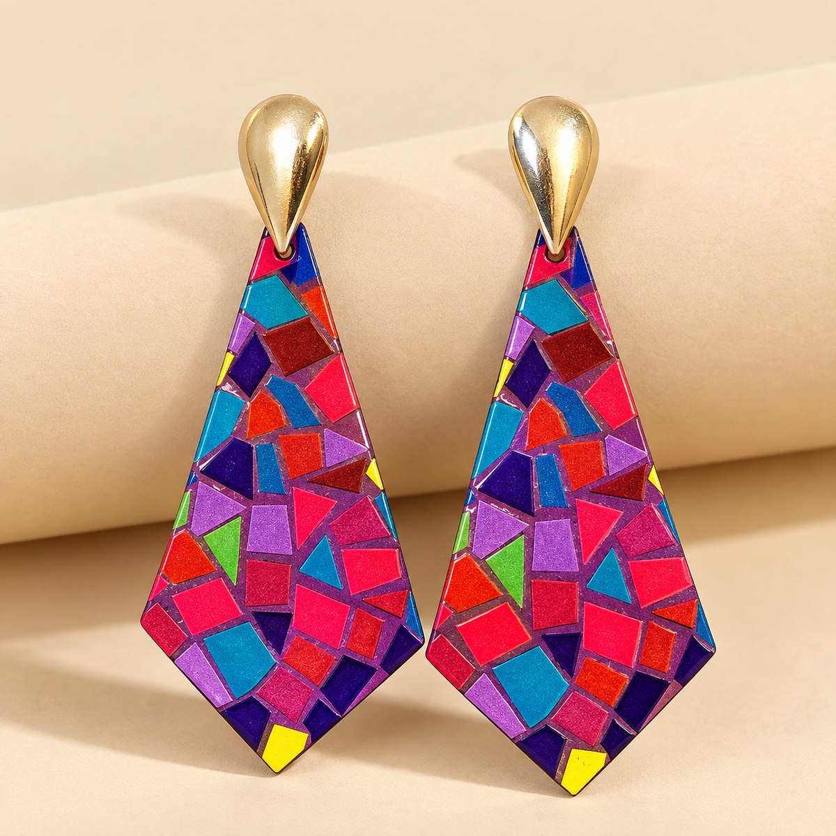 Colorful Geometric Mosaic Drop Earrings – Gold Tone - Color is Random