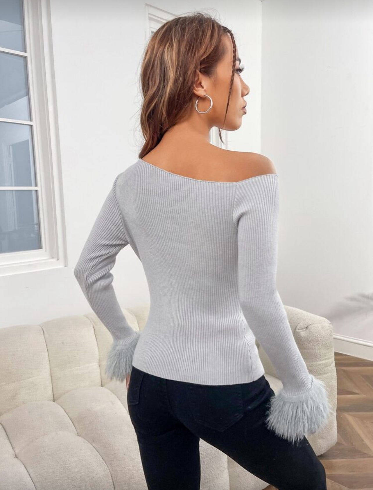 SHEIN Privé Asymmetrical Neck Fuzzy Cuff Ribbed Knit Sweater - M