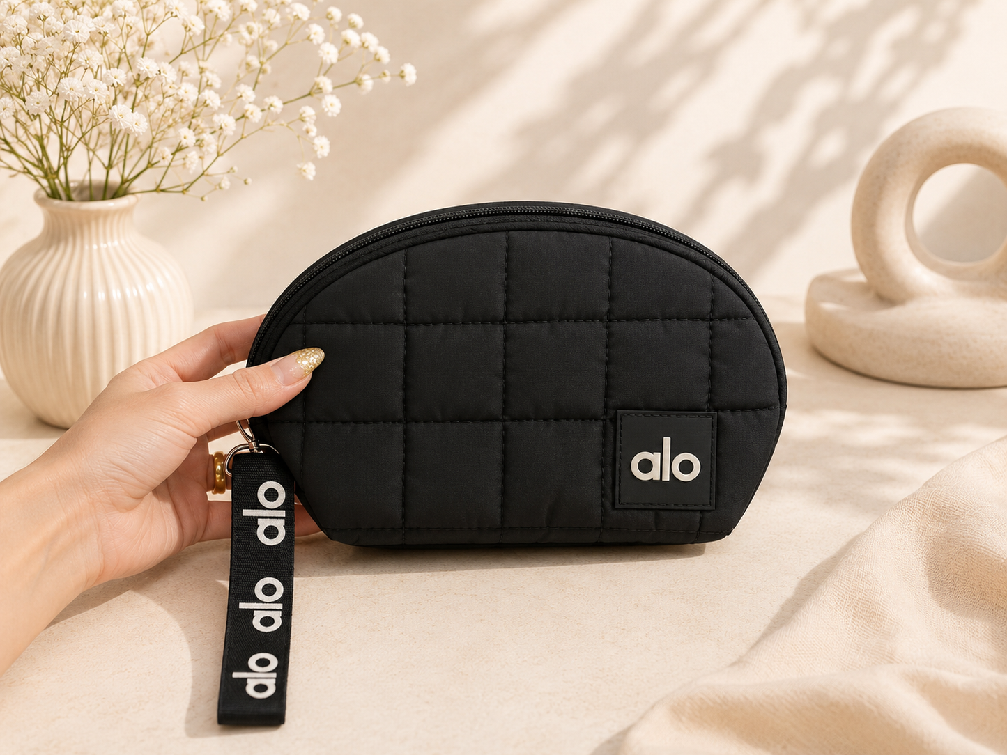 Alo Quilted Makeup Bag – Soft Cosmetic Pouch with Wrist Strap (Multiple Colors)