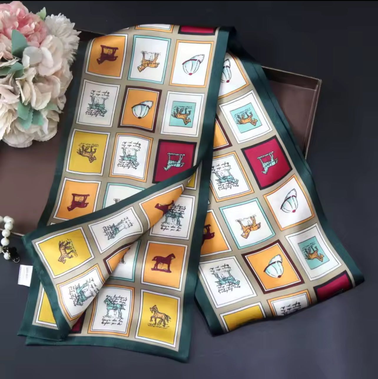 Grid Horse Print Square Scarf Simulated Silk Neck Scarf Stylish Sunscreen Headscarf For Women