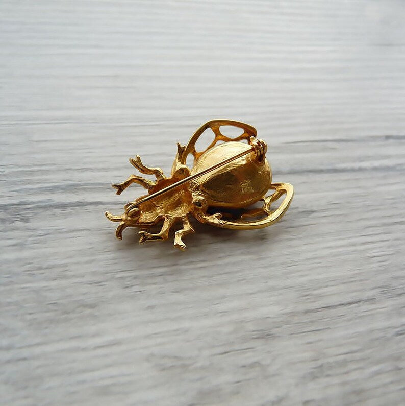 Vintage Art Deco Fly Brooch Gold Insect Pin Blue Crystal Costume Jewelry